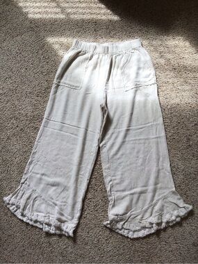 Umgee Cream Wide Leg Ruffle Hem Pants